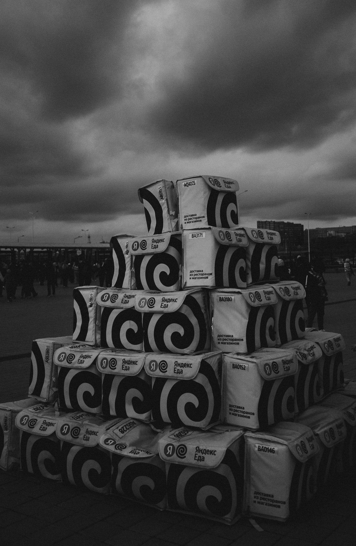 Stack of paper takeaway bags prepared in advance, ready for pickup